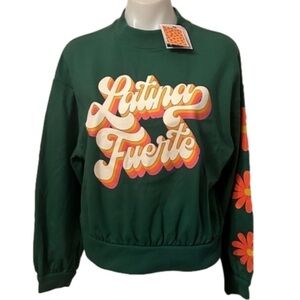 Latina Fuerte retro mod green floral daisy sleeve crew neck sweatshirt